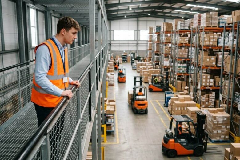 Jovem profissional observando uma operação logística moderna enquanto planeja sua entrada no mercado de trabalho.