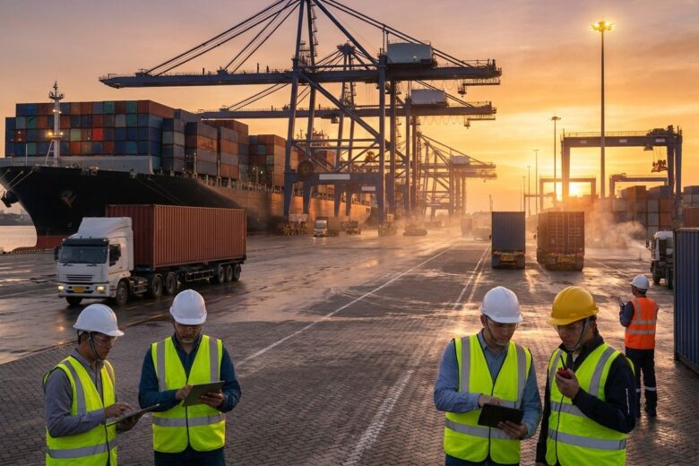 Porto internacional ao amanhecer com navio cargueiro, caminhões e profissionais da logística