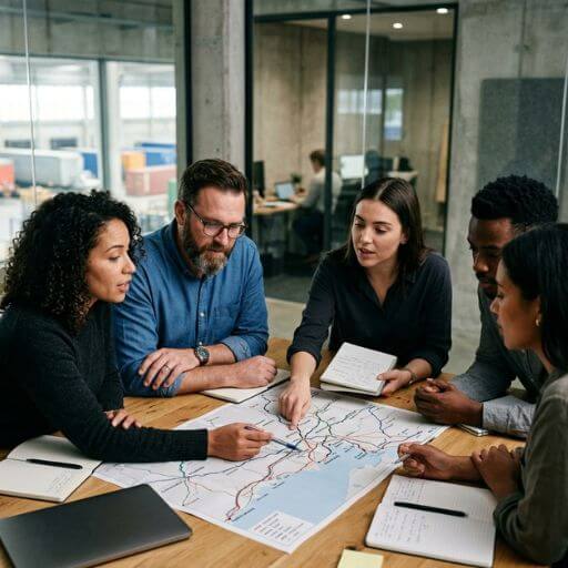 Equipe analisando estratégias de logística sustentável.