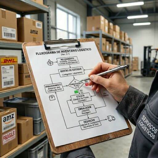 Detalhe de uma planilha de planejamento logístico sobre uma mesa de escritório industrial com caixas organizadas de fundo.