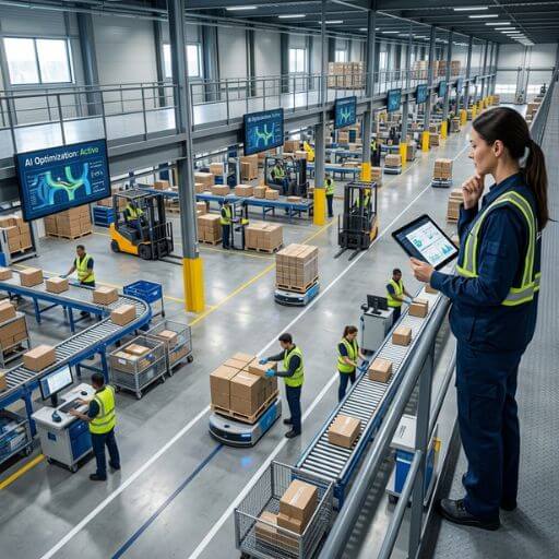 Operação logística moderna integrada por pessoas, processos e Inteligência Artificial.
