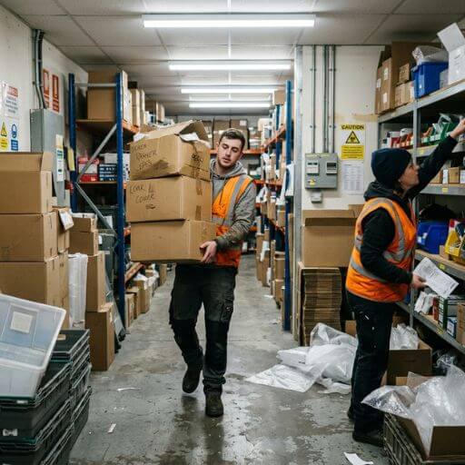Operadores enfrentando desperdícios e movimentações desnecessárias em um armazém.