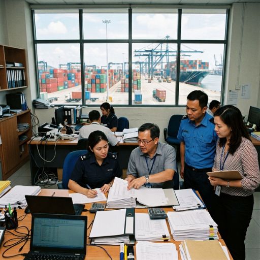 Equipe analisando documentos de importação e exportação em escritório portuário.