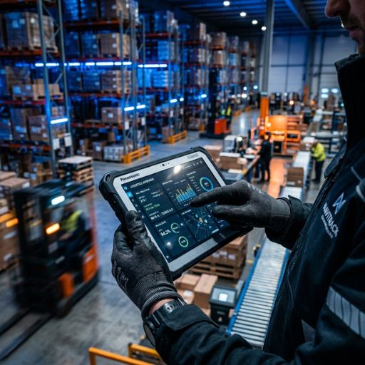 Tablet exibindo indicadores logísticos em operação de armazenagem.