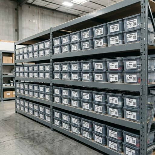 Prateleiras metálicas perfeitamente organizadas por meio de ferramentas de ia para estoque.