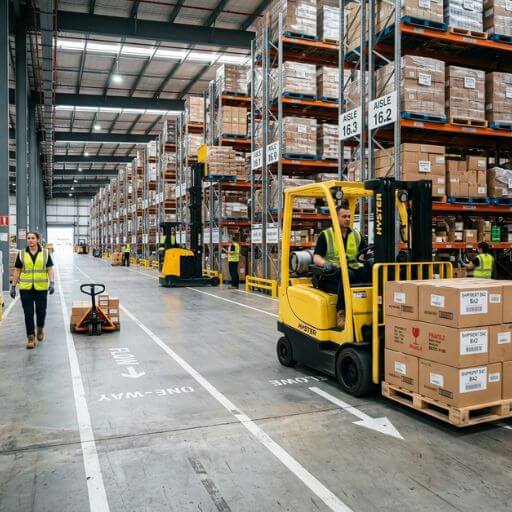 Operadores movimentando mercadorias em um fluxo logístico otimizado.