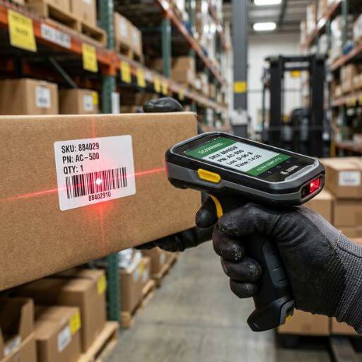 Operador técnico utilizando leitor de código de barras portátil em um estoque de peças pequenas industriais.