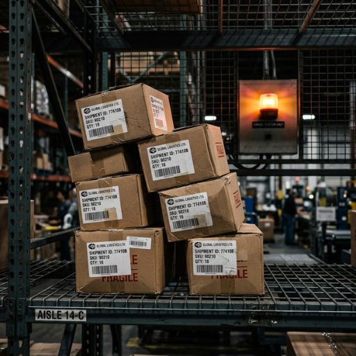 Visão aproximada de uma prateleira com caixas desalinhadas e uma luz de alerta vermelha industrial ao fundo, representando falhas de processo.
