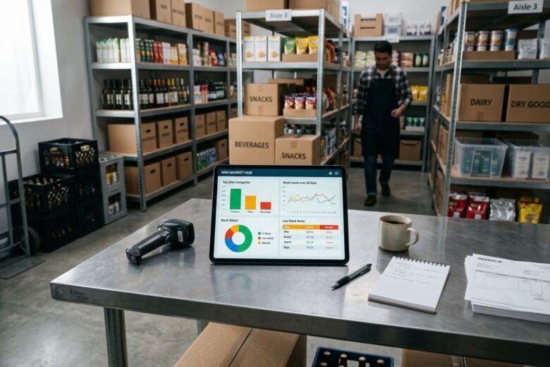 Painel digital em um tablet demonstrando os relatórios de uma gestão de estoque inteligente para o comércio de bairro.