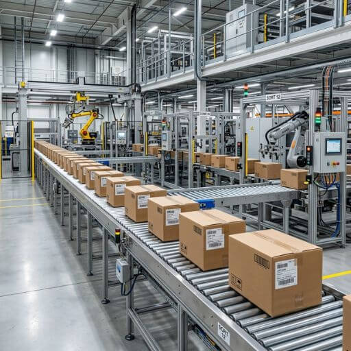 Linha de montagem industrial limpa com caixas se movimentando de forma organizada para a distribuição final.