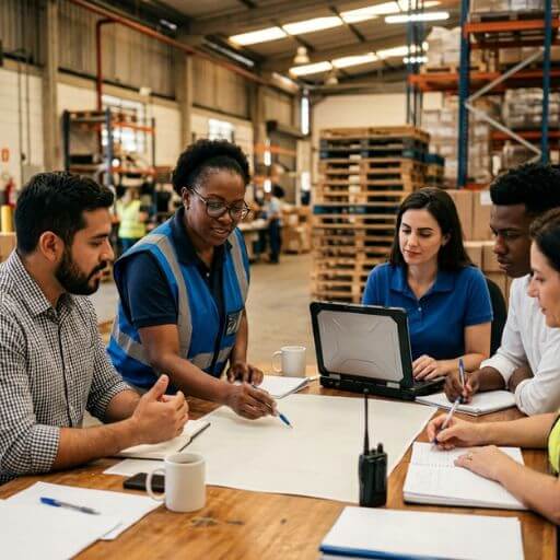 Equipe logística reunida analisando informações operacionais.
