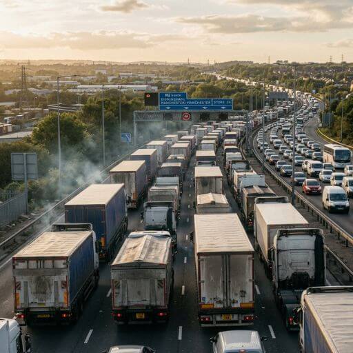 Caminhões enfrentando congestionamento em uma rodovia.