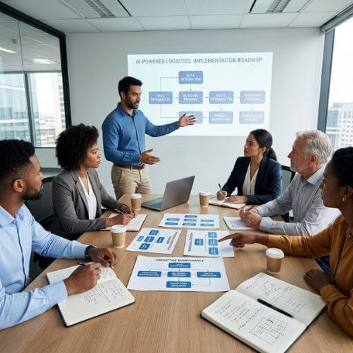 Equipe planejando a implantação da Inteligência Artificial na logística.