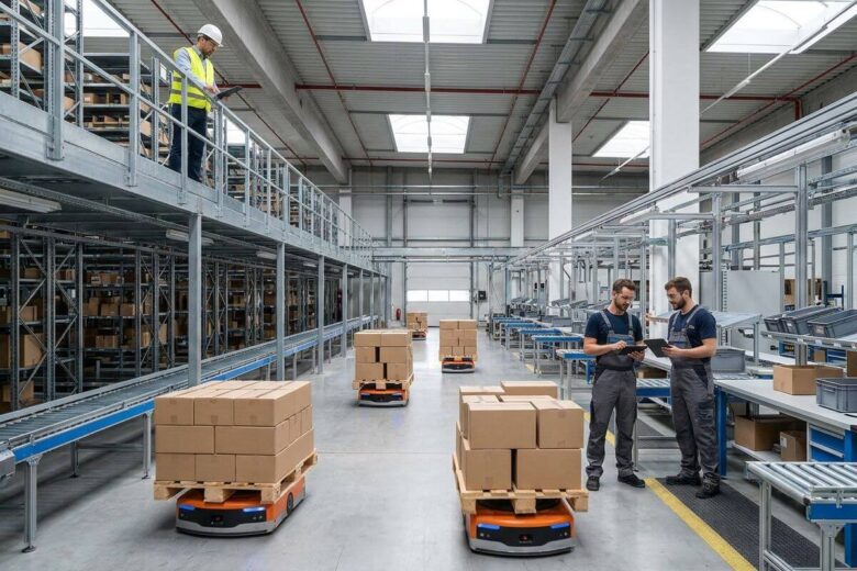 Centro de distribuição moderno utilizando Inteligência Artificial para otimizar operações logísticas.