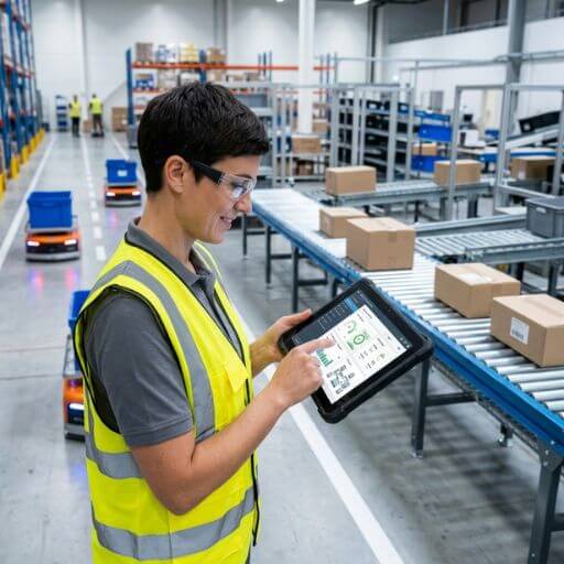 Operador utilizando tecnologia para acompanhar indicadores logísticos.