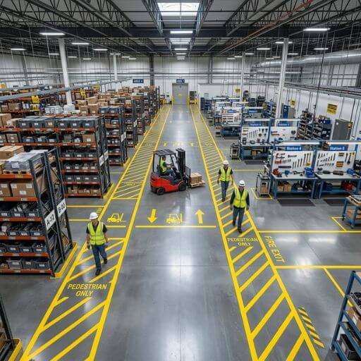 Visão técnica de um layout operacional em 3D com linhas amarelas demarcando rotas seguras de circulação industrial.