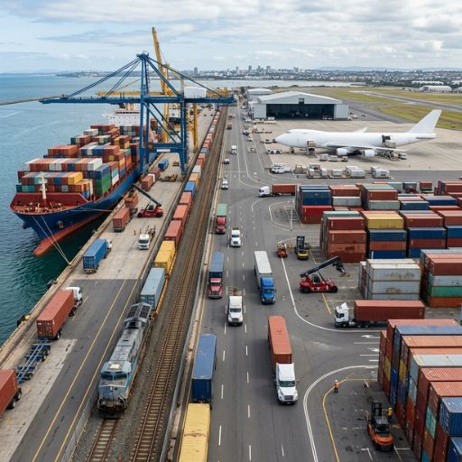 Navio, caminhões, trem e avião integrando diferentes modais de transporte.