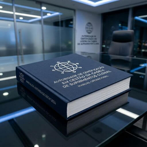 Um livro técnico de capa escura com o símbolo global da cadeia de suprimentos sobre uma mesa de reuniões moderna e bem iluminada.