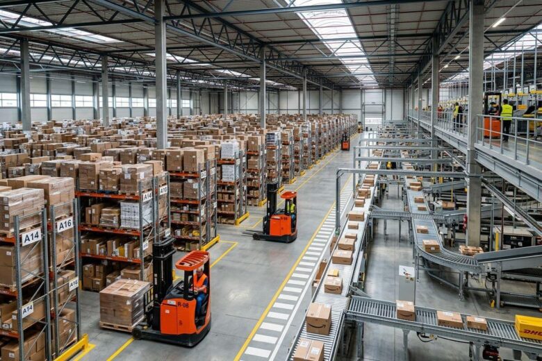 Visão aérea tridimensional de um centro de distribuição moderno com empilhadeiras e fluxo de mercadorias em esteiras industriais organizadas.