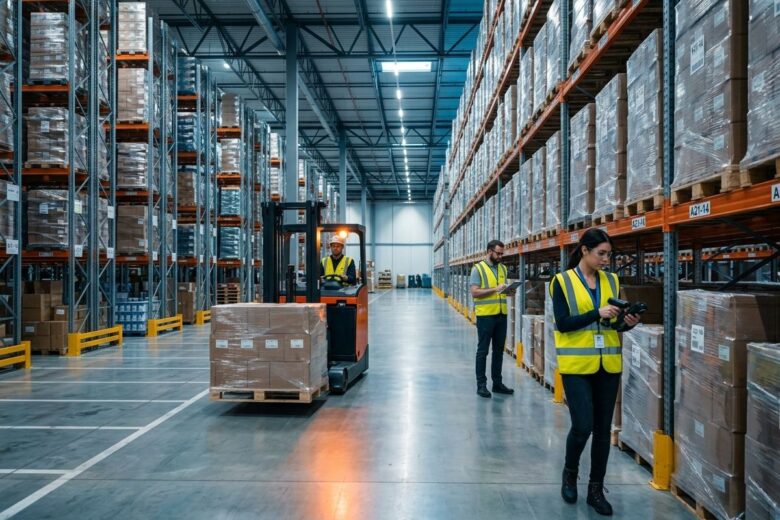 Centro de distribuição moderno mostrando a integração entre armazenagem, transporte e gestão logística.