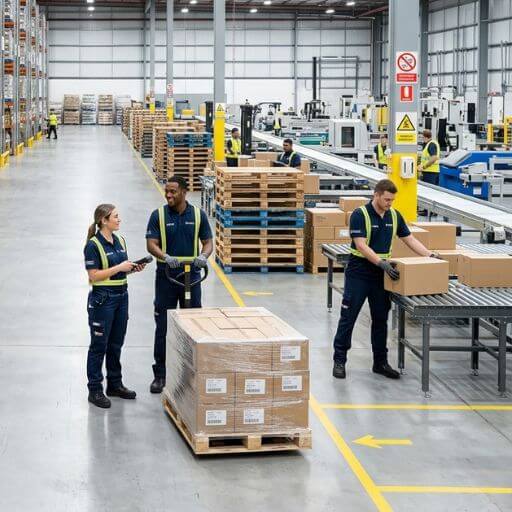 Centro de distribuição organizado e eficiente após melhorias operacionais.
