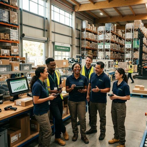 Equipe trabalhando em uma operação logística sustentável e organizada
