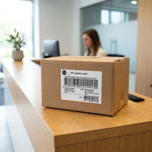 Embalagem comercial identificada com código de barras padronizado para a organizacao de mercadorias no recebimento.