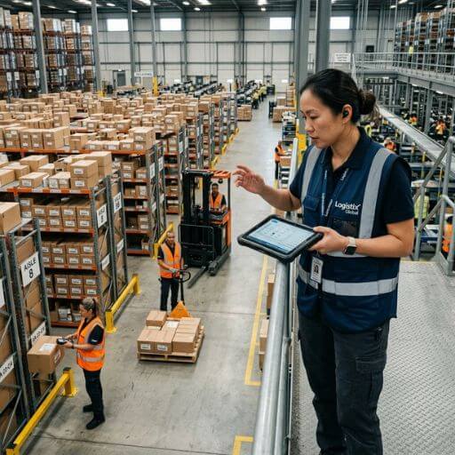 Supervisor acompanhando processos organizados de estoque.