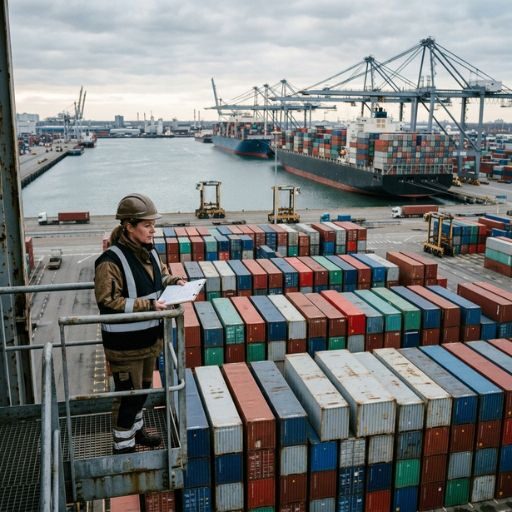 Profissional monitorando contêineres em um terminal portuário internacional