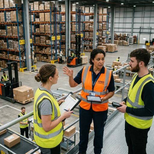 Supervisor explicando melhorias logísticas para uma equipa dentro de um centro de distribuição.