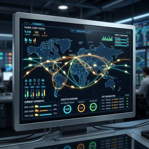 Visão tridimensional de um painel de controle digital com gráficos de transporte e gerenciamento de distribuição.