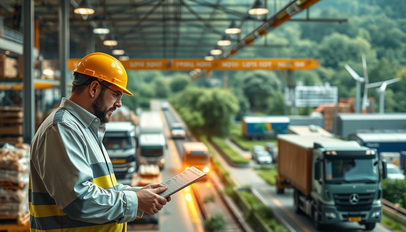 A high-quality, detailed image of a sustainable supply chain implementation. The foreground features workers collaborating, utilizing renewable energy sources and sustainable materials handling equipment. The middle ground shows optimized logistics and transportation, with electric vehicles and multimodal freight movement. The background depicts a lush, green environment with renewable power generation, waste management systems, and sustainable manufacturing facilities. The lighting is warm and natural, with a lens that captures a wide, cinematic view. The overall atmosphere conveys a harmonious balance between economic, environmental, and social considerations in an efficient, innovative supply chain.