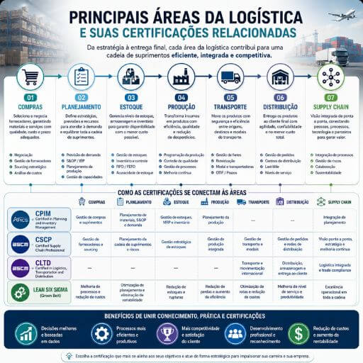 Infográfico apresentando as principais áreas da logística e as certificações relacionadas para cada etapa da cadeia de suprimentos.