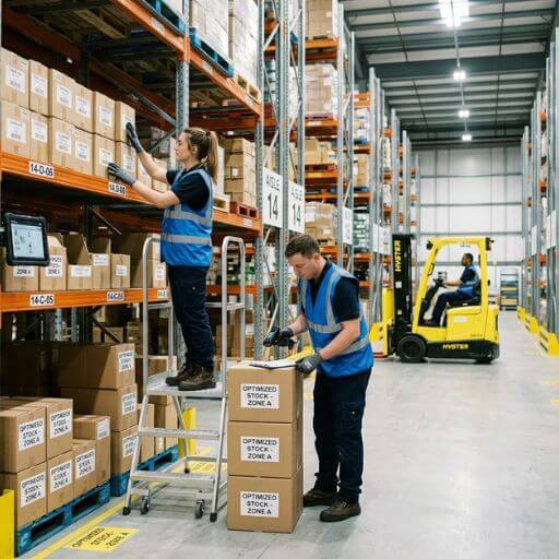 Operadores reorganizando mercadorias em um armazém moderno.
