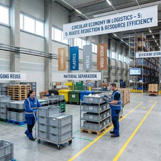 Armazém organizado com áreas específicas para reaproveitamento de materiais.