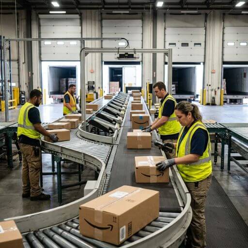Área de expedição automatizada funcionando dentro de um centro de distribuição.
