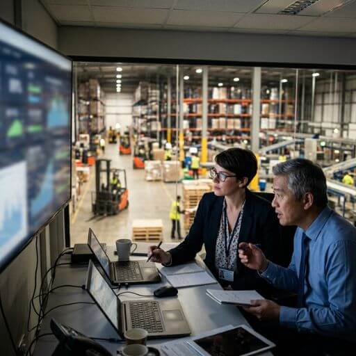 Gestores analisando dados operacionais para melhorar a eficiência logística.