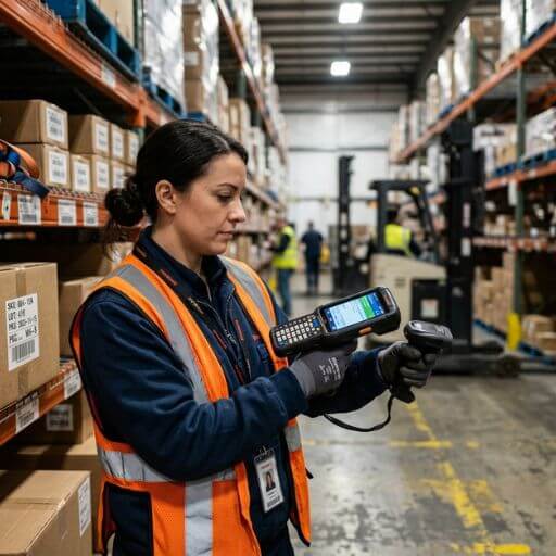 Operador utilizando tecnologia digital para controlar a movimentação de mercadorias.