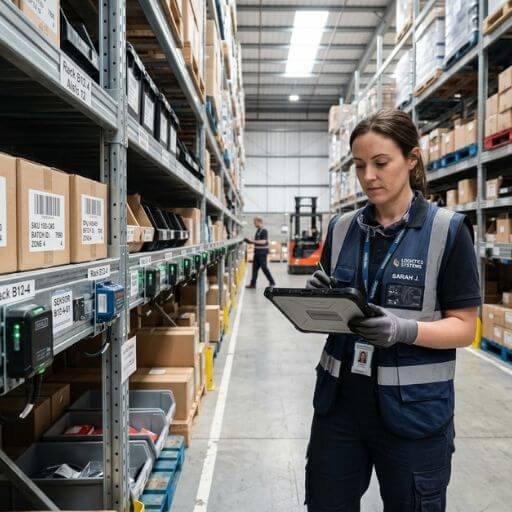 Sensores e dispositivos conectados auxiliando trabalhadores em uma operação logística.