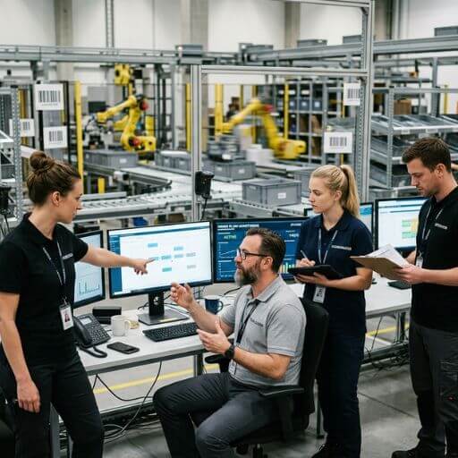 Equipe monitorando sistemas integrados de armazenagem e separação de pedidos.
