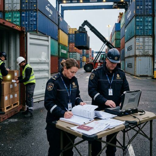 Agentes aduaneiros verificando documentos e contêineres em um terminal alfandegário.