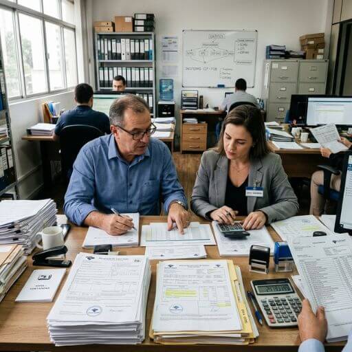 Especialistas avaliando documentos fiscais e processos de desembaraço aduaneiro.