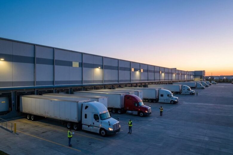 Centro logístico movimentado com caminhões carregando mercadorias para diferentes destinos.