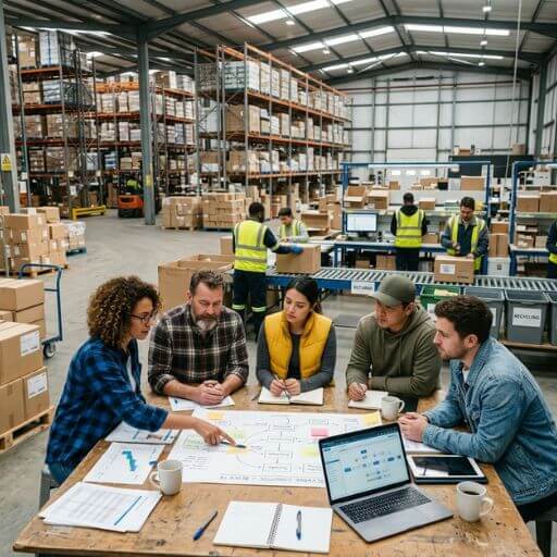 Pequenos empresários planeando estratégias de logística reversa dentro de um armazém.