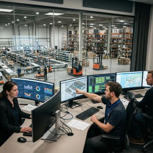 Especialistas em logística analisando diferentes sistemas de gestão empresarial, armazenagem e transporte numa sala de controlo integrada.