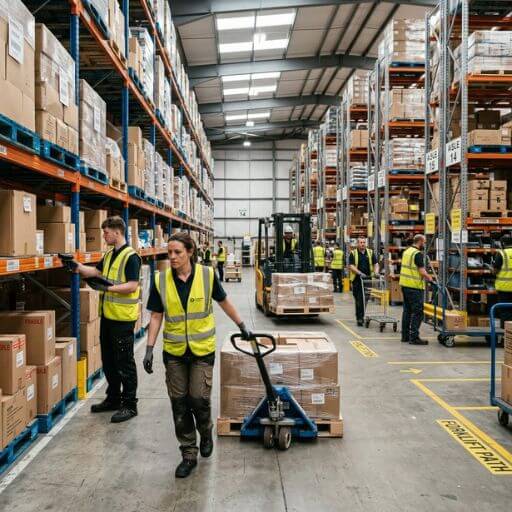 Operadores movimentando mercadorias em uma operação logística sustentável.