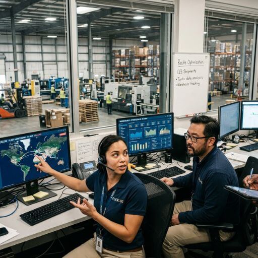 Equipa logística utilizando computadores para gerir informações operacionais num centro de distribuição.