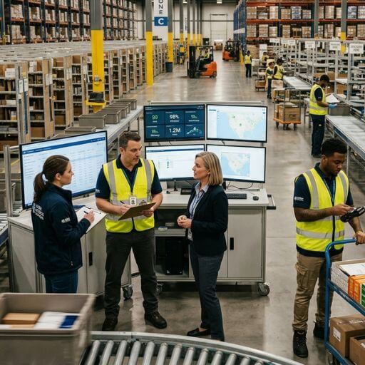 Equipa logística trabalhando de forma integrada num centro de distribuição moderno e eficiente.