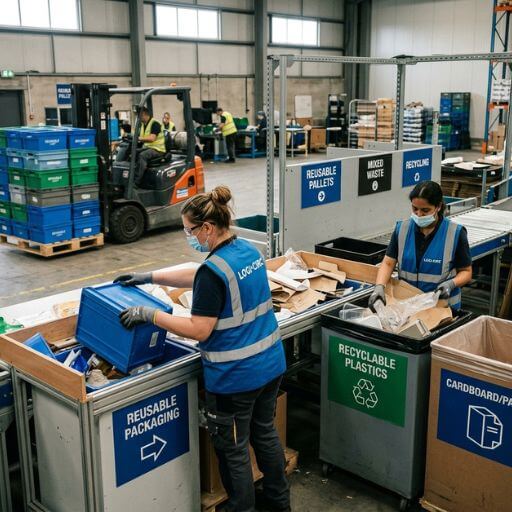 Operadores reaproveitando embalagens e materiais logísticos.