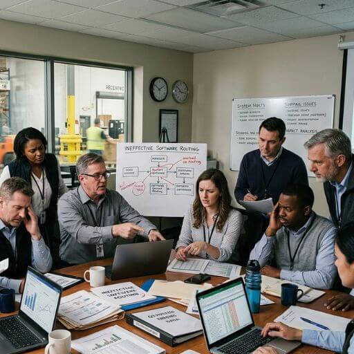 Equipa analisando problemas operacionais causados pela escolha inadequada de um software.